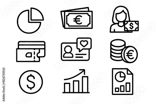 Financial and business line icons: currency, charts, credit card, banking, and user profile data