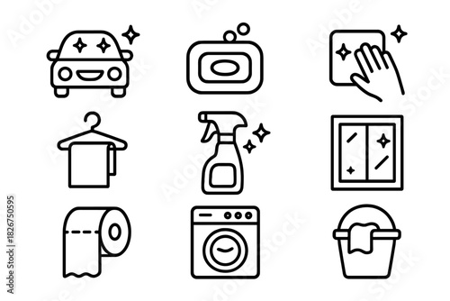 Outline icons collection for cleaning, washing, and hygiene activities and tools