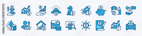 Set of investment icon. Contains investor, profit, asset, money, financial gain, growth up chart, strategy, gold, startup, savings, risk management, product, stock, portfolio, analysis - Vector