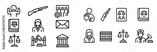 Outline icons set for law, justice, legal proceedings, crime, and police enforcement