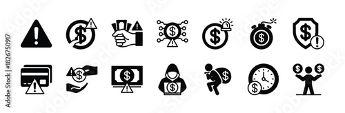 Financial risk icon vector set. Contains bankrupt, digital money exclamation mark, hacking, personal data theft, deadline sign, alert information, credit card warning, security, loan. Illustration