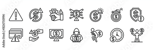 Financial risk sign thin line icon set. Contains bankrupt, digital money exclamation mark, hacking, personal data theft, deadline, alert information, credit card warning, security, loan - Vector