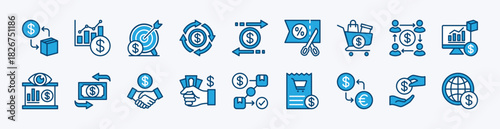 Set of trade icon. Contains money currency, global stock exchange, growth chart, target, rotation, transfer, price discount, shopping, receipt, loan, management, agreement, flow. Vector illustration