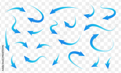 Blue gradient arrow set. Wavy arrows icon for wind direction or water stream movement