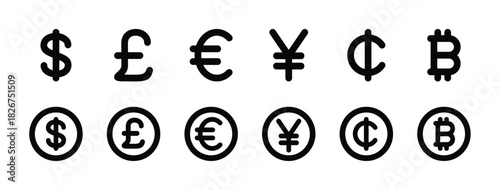 Currency icon vector set. Money kind. Bank coin exchange symbol collection. Contains dollar, pound sterling, euro, yen, cent, bitcoin. Illustration