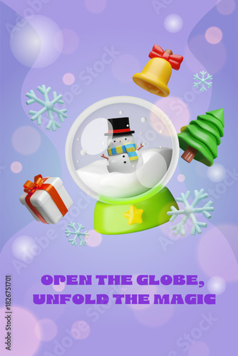Vertical Christmas poster featuring a cute snow globe with a snowman inside, surrounded by festive elements such as a yellow bell with a red bow, green Christmas tree, gift box, light blue snowflakes.