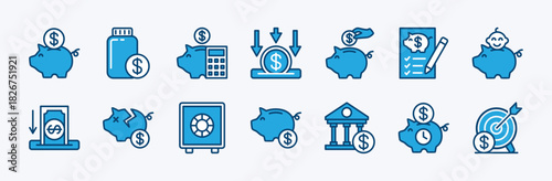 Set of piggy bank icon. Contains savings, save money, investment, child bank, term, safe deposit box, target, planning, bankrupt, income, accounting, financial management, wealth. Vector illustration