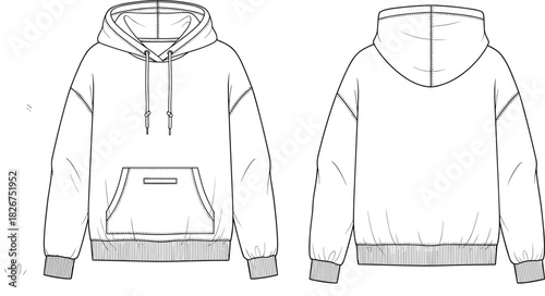 Technical Flats Oversized Hoodie Vector Illustration, Pullover Sweatshirt Design Template, Casual Streetwear Garment Sketch, Unisex Apparel CAD Drawing.