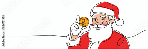 Minimalist line art  Santa Claus holding crypto coin for Christmas holiday, single line art with color accents