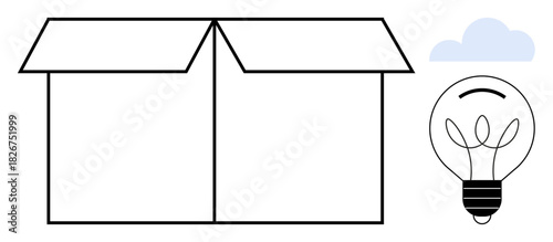 Open cardboard box next to a glowing light bulb and small cloud. Ideal for creativity, innovation, ideas, brainstorming, out-of-the-box thinking, problem-solving, minimal simple flat metaphor
