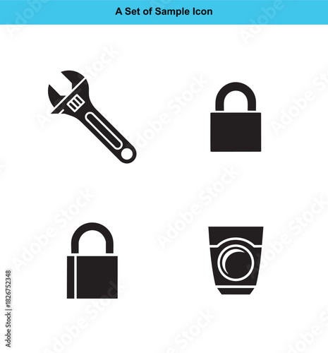 Adjustable wrench two padlocks and a camera lens icon