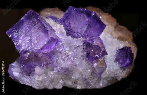 Fluorit Kristallstufe, Mineral, Edelstein, vor schwarzem Hintergrund