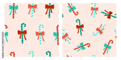 Christmas candy cane seamless pattern with red bows on a cream background. Vector