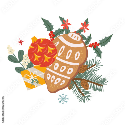 Vector gingerbrad cookie and gift, winter plants, bauble illustration isolated on transparent background. Christmas clipart for bakery food background, greeting cards, invitations.