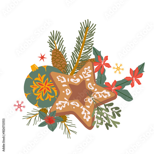 Vector gingerbread star shape cookie and christmas cactus, mistletoe, bauble illustration isolated. Christmas clipart for xmas card, scrapbooking.