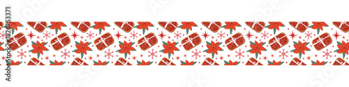 Christmas seamless border in red colors. Festive decorations tape for gift, wrapping papers. Christmas cookies gift border with winter plant, stars and flakes.