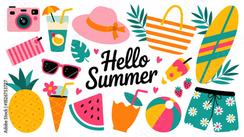 Hello summer" vacation essentials flat lay illustration with vibrant tropical items like hat, surfboard, camera, and drinks for holiday themes.