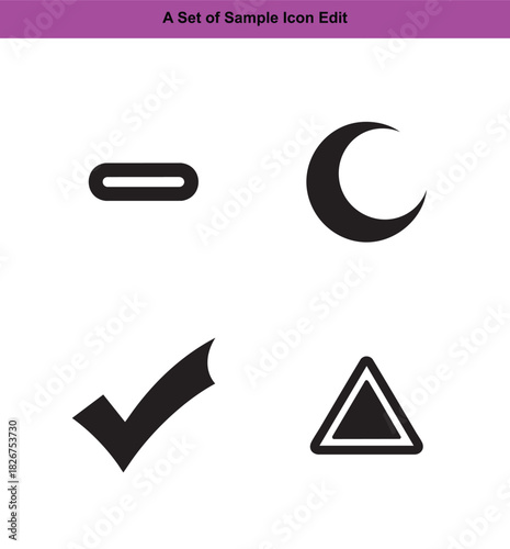 Black crescent moon checkmark minus sign triangle icons on white symbol graphic
