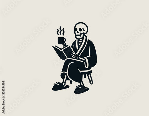 Black silhouette illustration of the Grim Reaper wearing a bathrobe and slippers, holding a book/tablet and a steaming coffee mug.