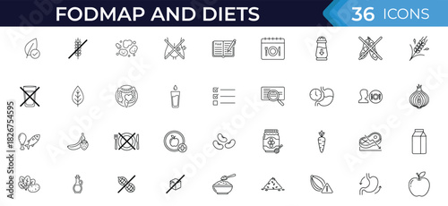 Vector line icons of FODMAP diet, gut health, digestion, food intolerance, allergy, nutrition guidance, healthy eating, and ingredient restrictions illustration.