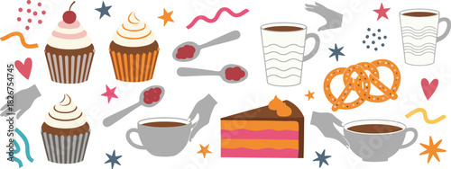 Dessert and drink icon vector—cupcakes, cake slice, coffee cups, pretzels, jam spoons, and festive hands for sweet celebration visuals