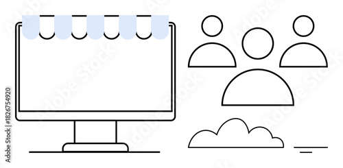 Digital networking concept. Digital networking ed through computer screen, people icons, and cloud symbol. Digital networking visualizes online communication and cloud-based collaboration. For web