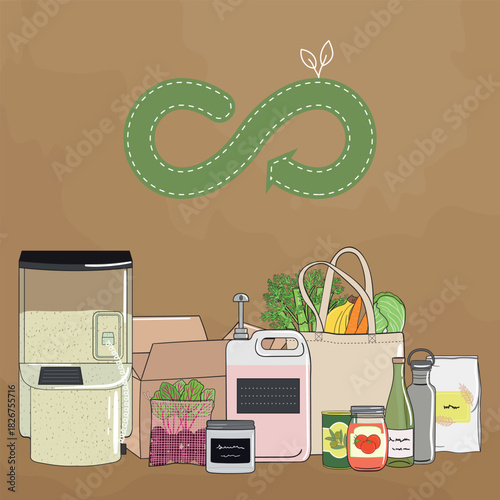 Concept of sustainable packaging solution. Circular Reusable Packaging business model. Hand drawn vector illustration