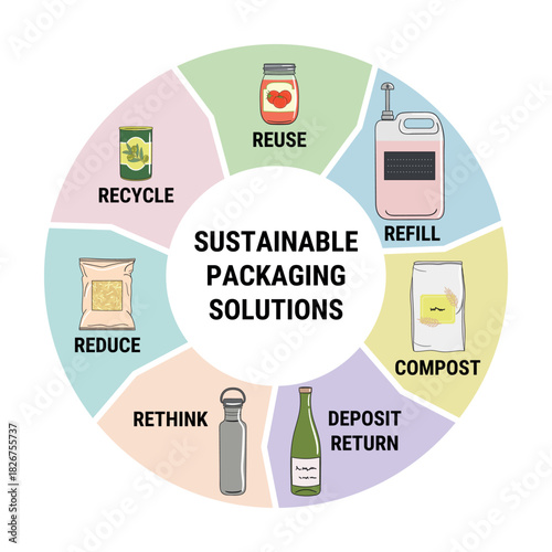 Sustainable packaging solution. Circular Reusable Packaging business model. Rethink, reuse, refill, recycle