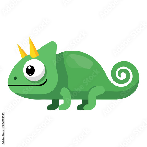 Cartoon Green Chameleon with Yellow Horns and Swirly Tail.