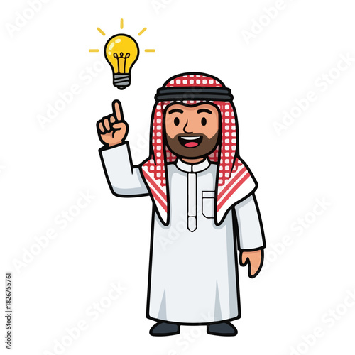 Cartoon Arab Man with Idea Light Bulb Above Head.