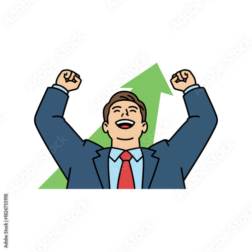 Excited Businessman Celebrating Success with Upward Arrow in Background.