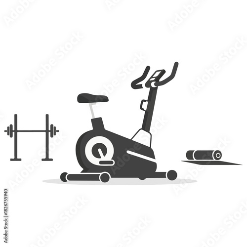 Gym Equipment Illustration - Stationary Bike, Barbell, and Yoga Mat for Fitness.