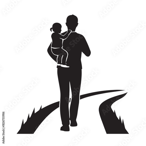 Dad With Child On Shoulders Walk Silhouette