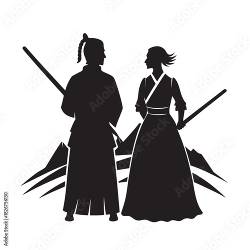 Samurai Couple Standing Strong Facing Horizon Silhouette
