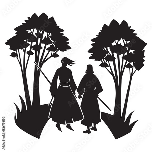 Samurai Couple Walking Quiet Forest Path Silhouette