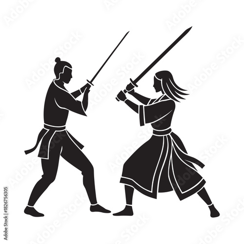 Samurai Couple Training In Traditional Session Silhouette