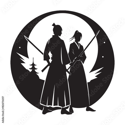 Samurai Couple Holding Firm In Moonlight Stance Silhouette