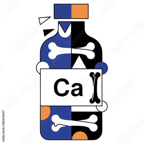 Calcium Supplement Bottle with Bone Design and Geometric Accents.