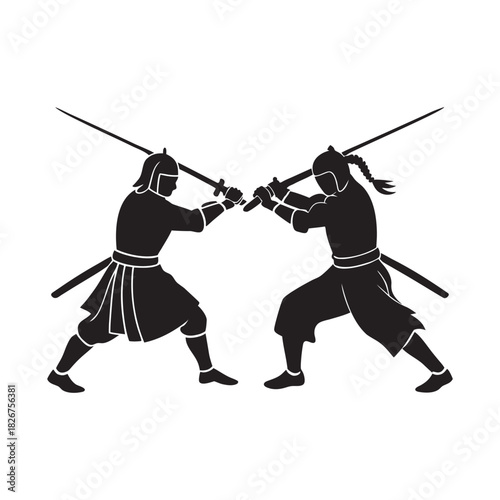 Samurai Duo Preparing For Combat Ready Silhouette