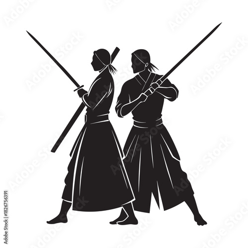 Samurai Couple Warriors Standing Back To Back Silhouette