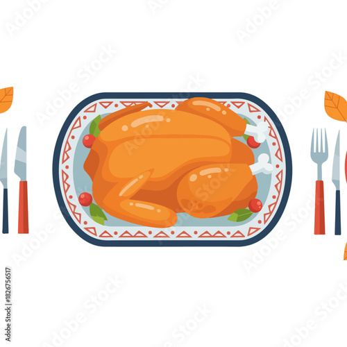 Festive Roasted Turkey on Platter - A Thanksgiving Feast Illustration.