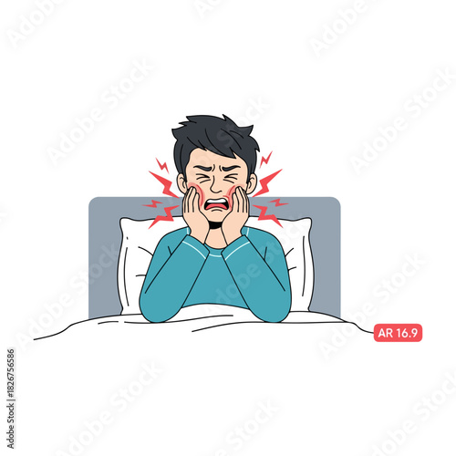 Man in bed suffering from severe toothache at 1 -49 AM.