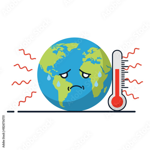 Sad Earth with High Thermometer Reading - A Climate Change Illustration.