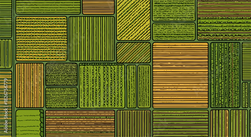 Fields from above show patterned farmland with patchwork fields from above. Colorful cultivated agricultural farmland with patchwork fields.