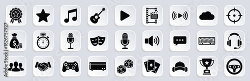 Gaming and Entertainment. Icon set of music, media, streaming, microphone, game controller, award, communication, and play illustration