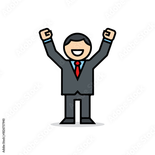 Cartoon Businessman Celebrating Success with Arms Raised in Victory.