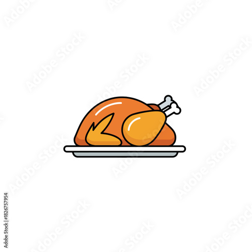 Cartoon Roasted Turkey on Platter, Thanksgiving Dinner Illustration.