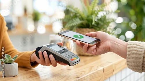 close-up of a customer paying with a smartphone using contactless technology while the cashier holds a card terminal on a shop counter