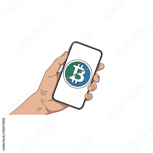 Hand Holding Smartphone Displaying Bitcoin Cryptocurrency Logo, Digital Finance Concept.