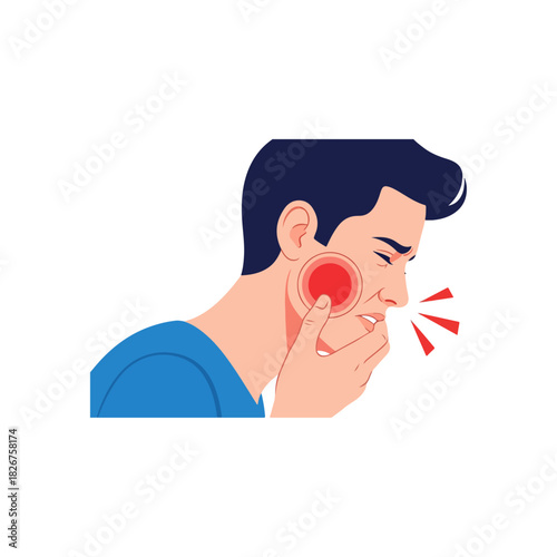 Man Experiencing Toothache with Swollen Cheek and Painful Expression.